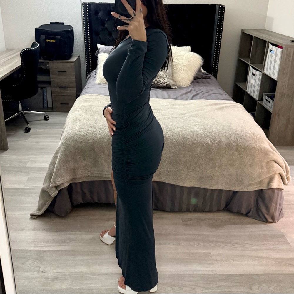 Asymmetrical Teal Navy Ruched Maxi Dress